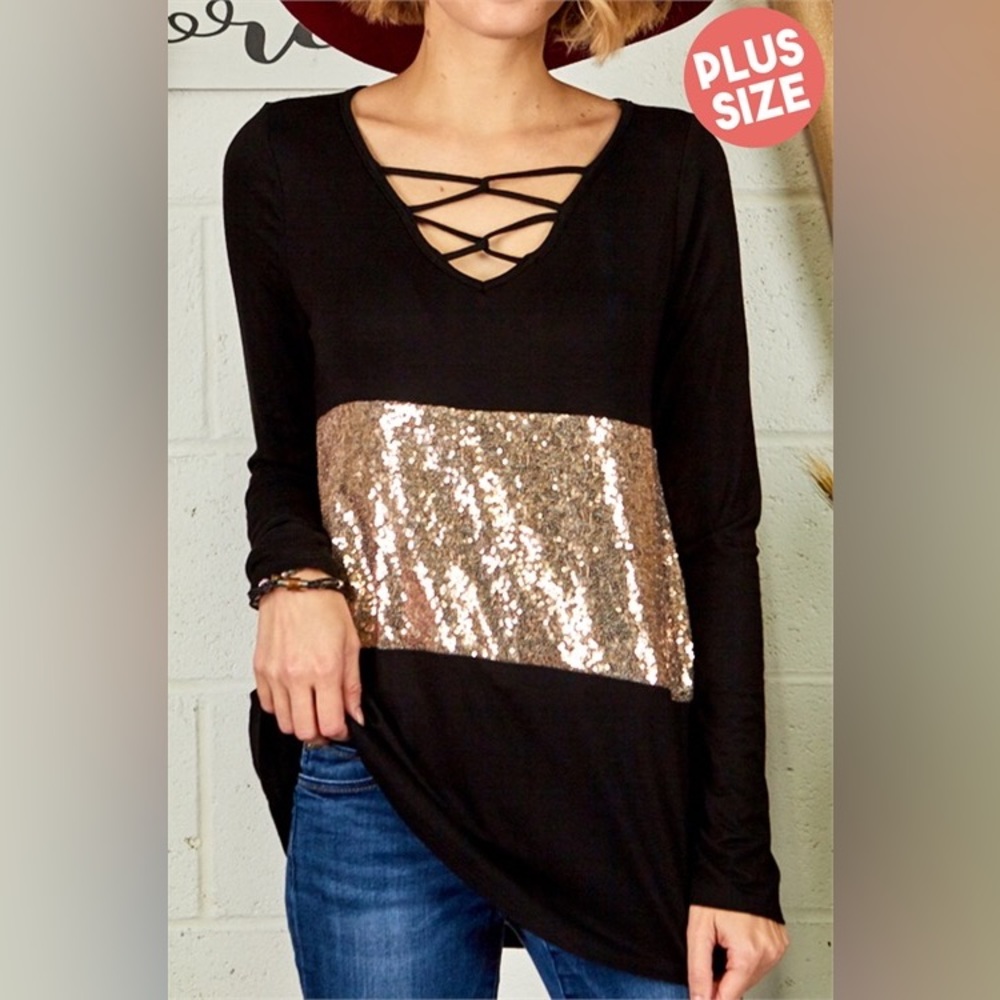 CRISS CROSS NECKLINE SEQUIN DETAIL TOP - 2X